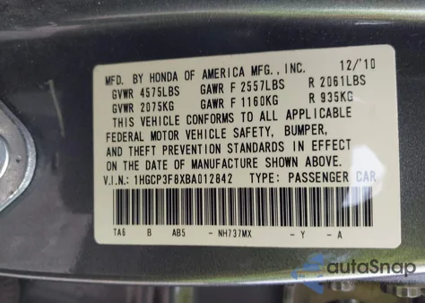 2011 Honda Accord 3.5 Ex-L from USA, damaged, VIN 1HGCP3F8XBA012842